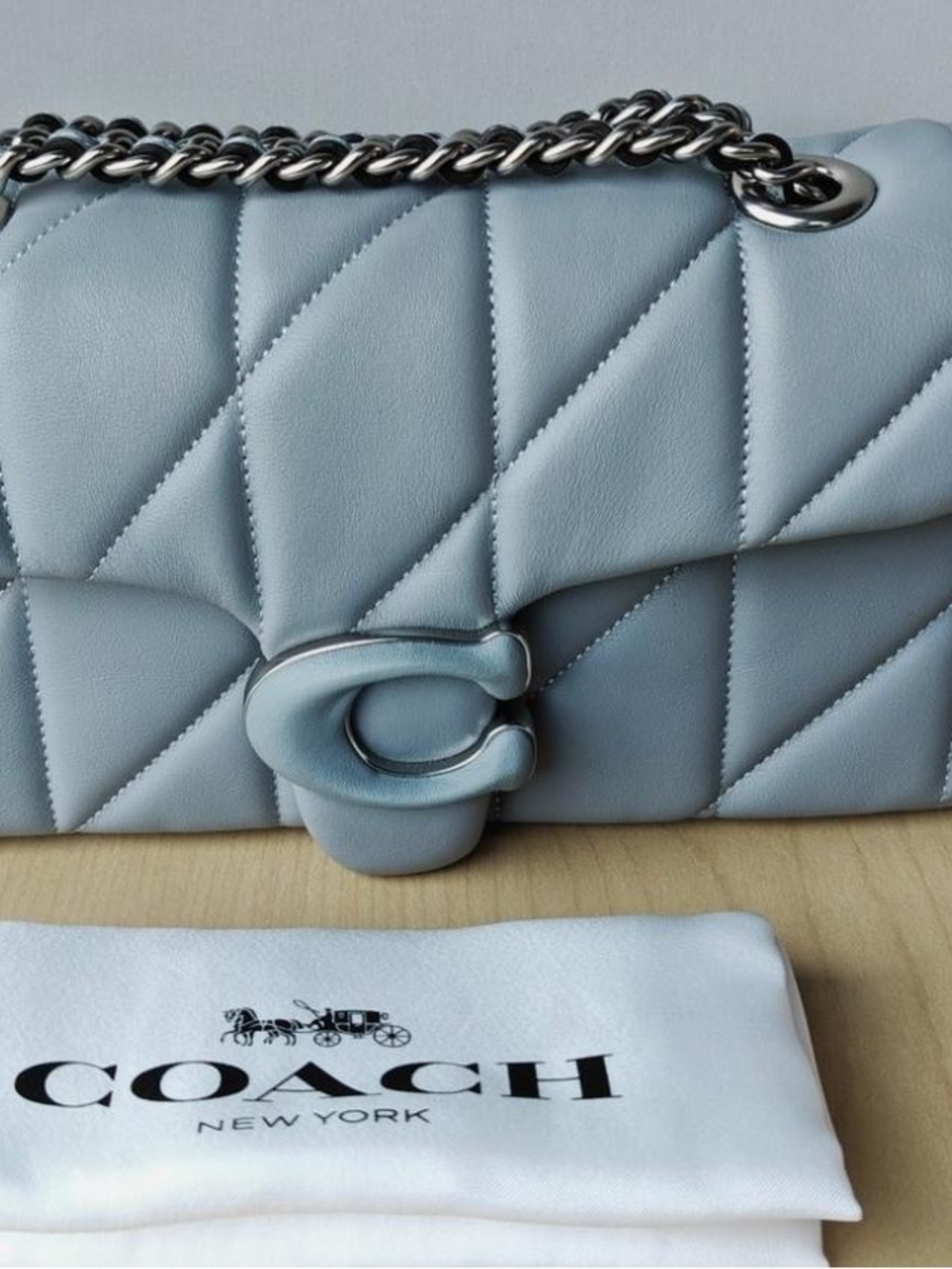 Coach Quilted Shoulder Bag in Powder Blue with Silver Chain
